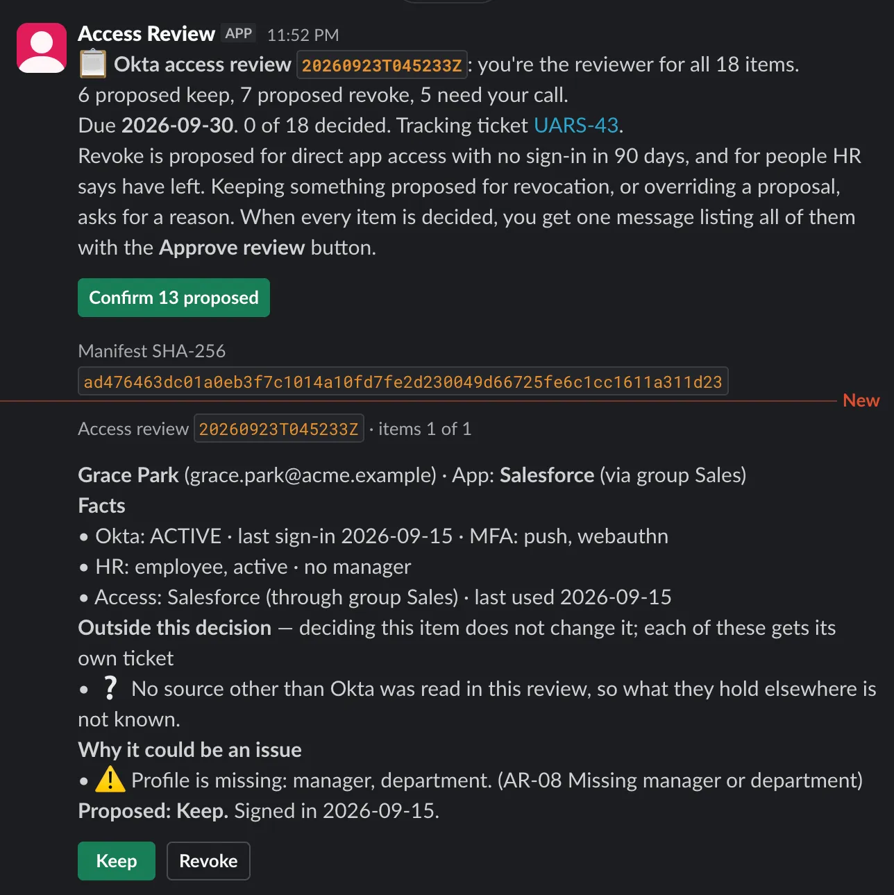 Slack DM: a summary with Confirm 13 proposed, then an item card with the facts, what the decision doesn't settle, why it could be an issue, and Keep and Revoke buttons