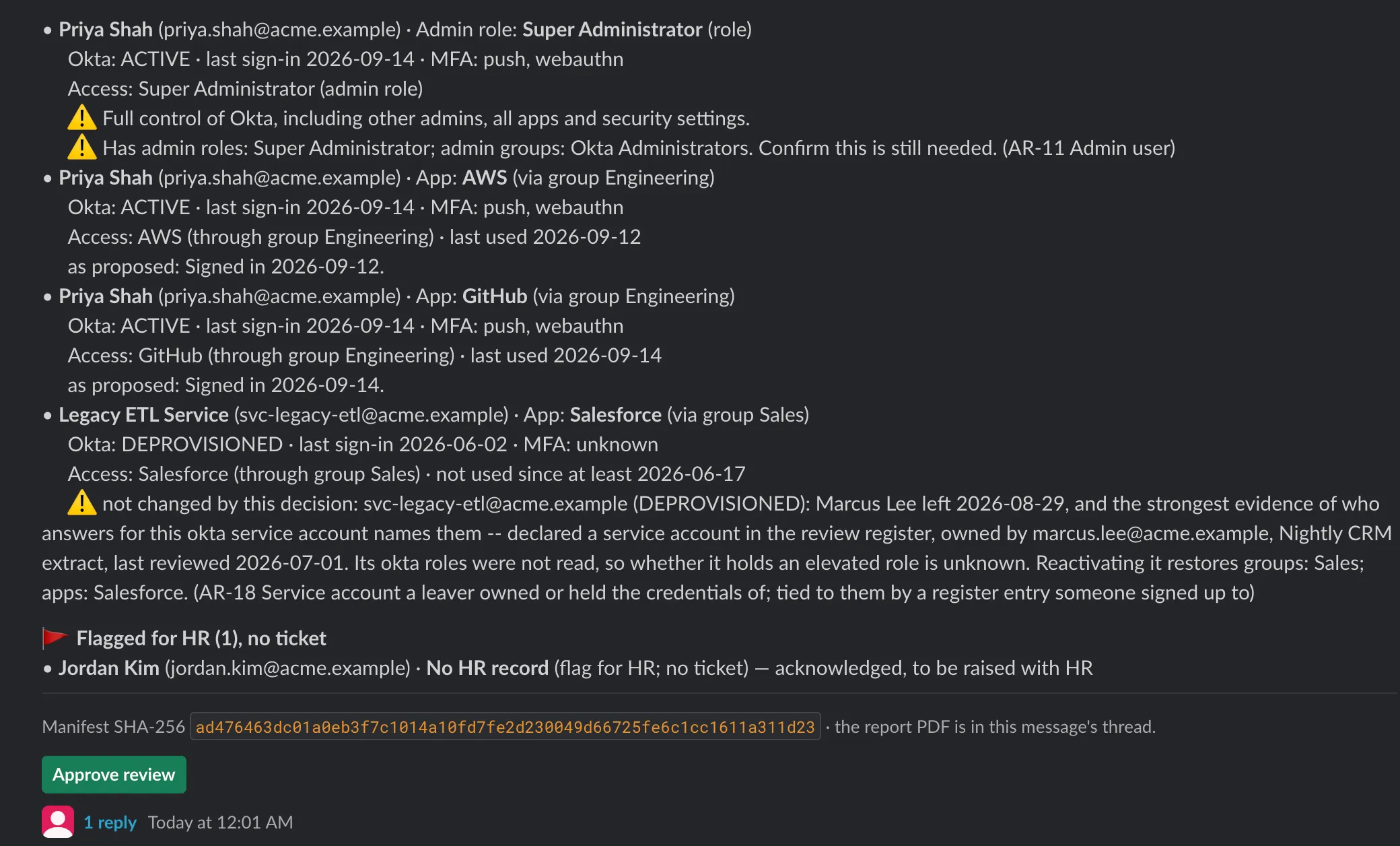 Slack DM: the end of the decision list, then the manifest hash and the Approve review button
